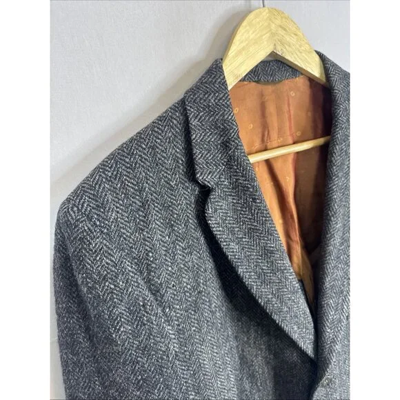 Vintage Harris Tweed Wool Hudson’s Bay Blazer Men 44L Tall Gray Herringbone - Picture 3 of 11